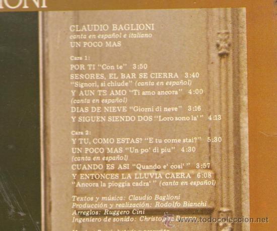 Discos de vinilo: lp CLAUDIO BAGLIONI - UN POCO MAS - Foto 2