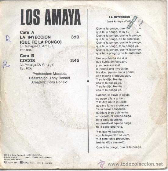 Discos de vinilo: Los Amaya &ndash; La inyecci&oacute;n que te la pongo &ndash; 1977 &ndash; Single 7&rdquo; - Foto 2