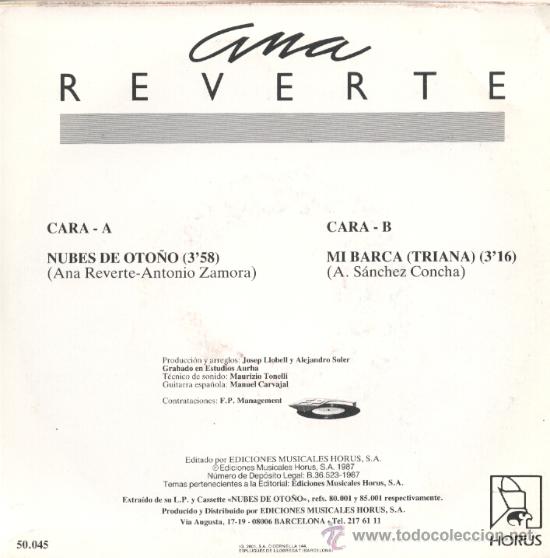 Discos de vinilo: Ana reverte &ndash; Nubes de oto&ntilde;o &ndash; 1987 &ndash; Single 7&rdquo; - Foto 2