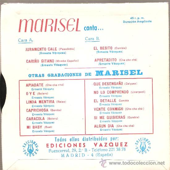 Discos de vinilo: EP MARISEL : JURAMENTO CALE (PASODOBLE, MAMBO, CUMBIA, CHA CHA CHA ) - Foto 2