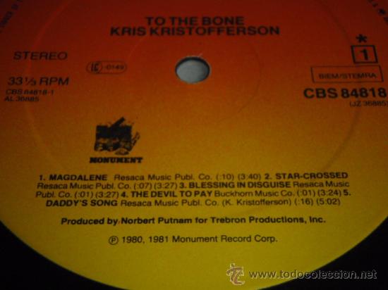 Discos de vinilo: Kris Kristofferson &lrm;&ndash; To The Bone Holanda.1981 CBS - Foto 5