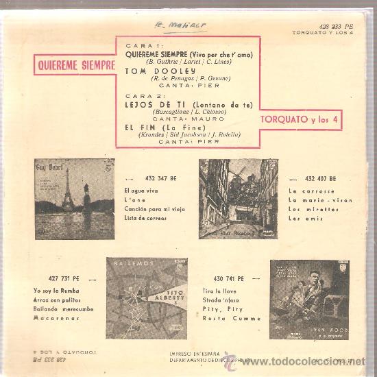 Discos de vinilo: EP TORQUATO Y LOS 4 : QUIEREME SIEMPRE + 3 - Foto 2