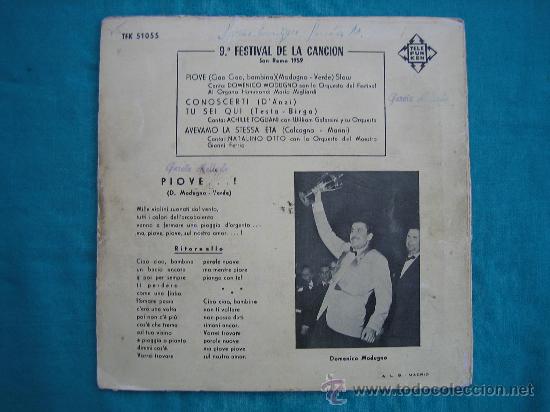 Discos de vinilo: Singels Piove SAN REMO 1959 - Foto 2