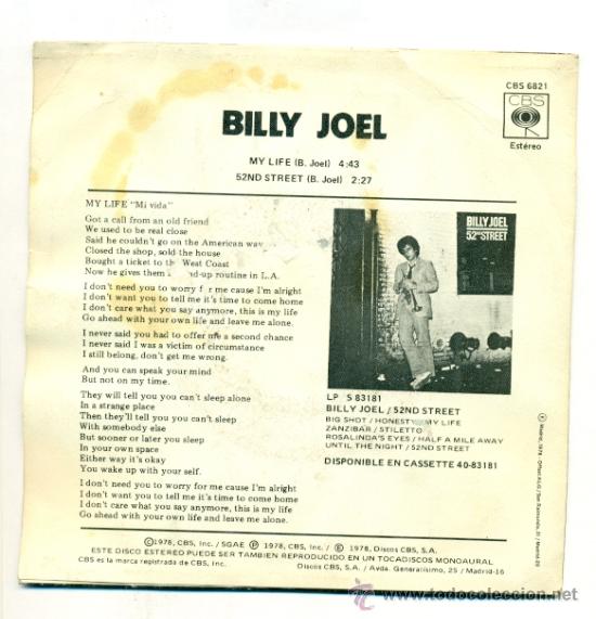 Discos de vinilo: SINGLE VINILO - BILLY JOEL - MI VIDA , MY LIFE - CBS - Foto 2