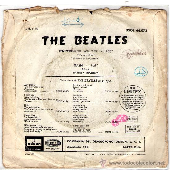 Discos de vinilo: SINGLE - THE BEATLES - &rdquo;PAPERBACK WRITER&rdquo; - &rdquo;RAIN&rdquo; - A&Ntilde;O 1966. - Foto 2