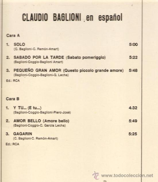 Discos de vinilo: LP  CLAUDIO BAGLIONI EN ESPA&Ntilde;OL - Foto 2