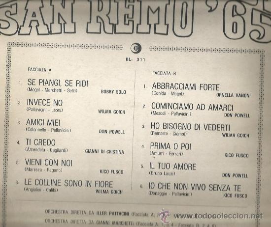 Discos de vinilo: LP LE CANZONI DI SAN REMO ´65 (BOBBY SOLO, WILMA GOIG, DON POWELL, KIKO FUSCO, ORNELLA VANONI, ETC - Foto 2 - 34215101