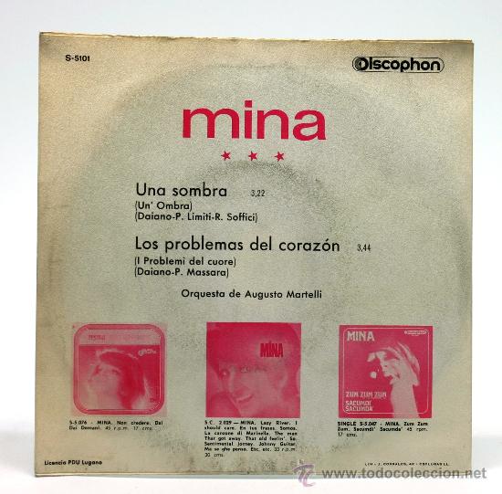 Discos de vinilo: Mina. Un &acute;ombra - i problemi del cuore. Discophon. - Foto 3