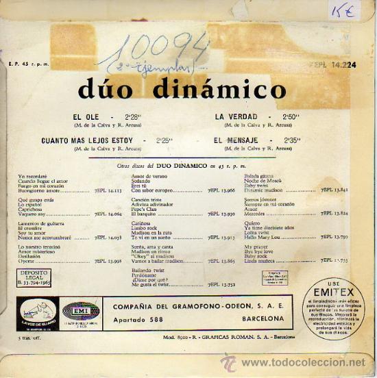 Discos de vinilo: D&uacute;o Din&aacute;mico 7 EP El ol&eacute; +3, Spanish edit - Foto 2