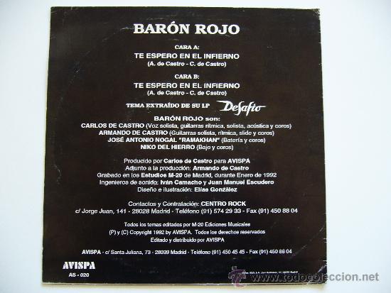 Discos de vinilo: Baron Rojo. 7 Single. Te espero en el infierno. Avispa 1992 - Foto 2