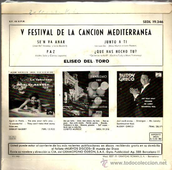Discos de vinilo: EP ELISEO DEL TORO : SE´N VA ANAR ( 5 FESTIVAL DE LA CANCION MEDITERRANEA ) - Foto 2 - 35894379