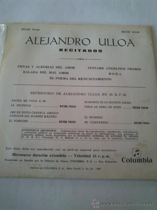 Discos de vinilo: Antiguo Single De Alejandro Ulloa Recitados, Single De 1964. - Foto 2