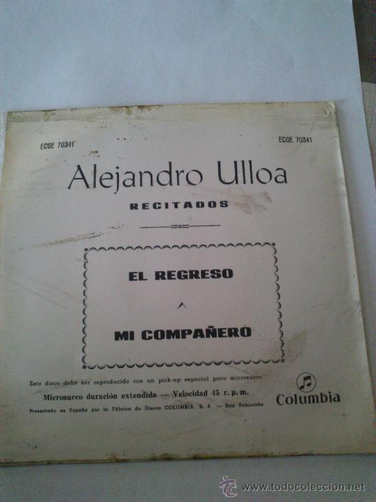 Discos de vinilo: Antiguo Single De Alejandro Ulloa Recitados, Del A&ntilde;o 1958. - Foto 2