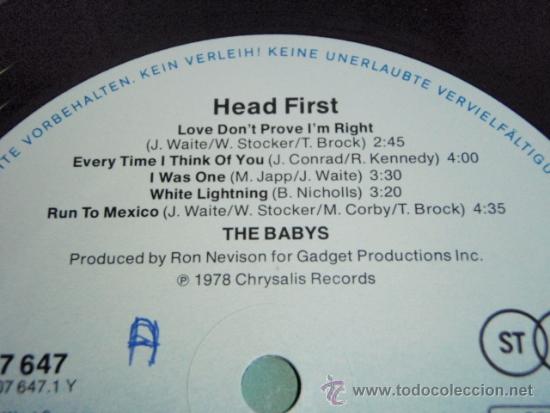 Discos de vinilo: THE BABYS   ( HEAD FIRST )    1978 - GERMANY   LP33   CHRYSALIS RECORDS - Foto 3