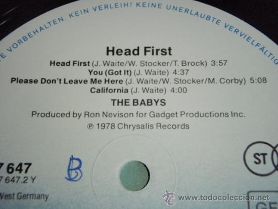Discos de vinilo: THE BABYS   ( HEAD FIRST )    1978 - GERMANY   LP33   CHRYSALIS RECORDS - Foto 4