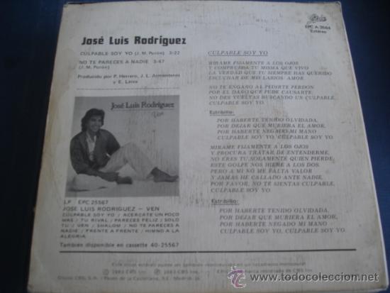 Discos de vinilo: JOSE LUIS RODRIGUEZ   CULPABLE SOY YO - Foto 2