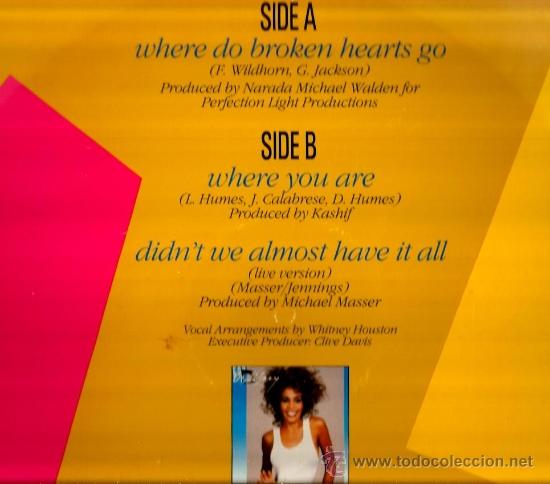 Discos de vinilo: MAXI WHITNEY HOUSTON : WHERE DO BROKEN HEARTS GO - Foto 2