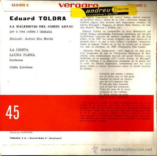 Discos de vinilo: EP EDUARD TOLDRA : LA MALEDICCIO DEL COMPTE ARNAU - Foto 2
