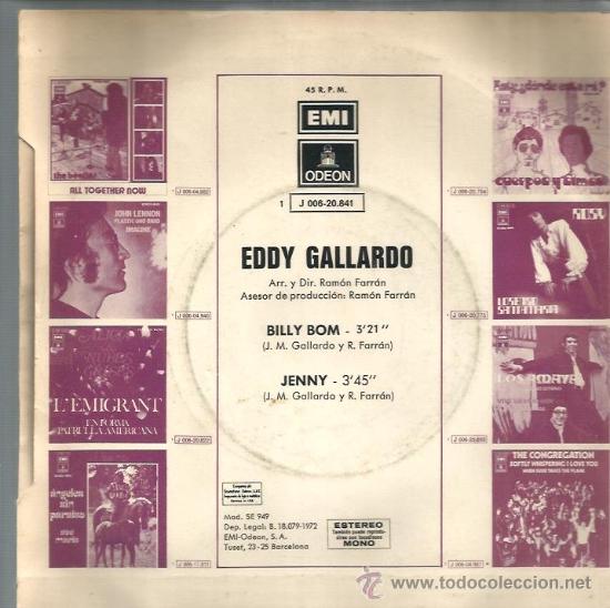 Discos de vinilo: SINGLE EDDY GALLARDO ( MIGUEL GALLARDO ) BILLY BOOM - Foto 2
