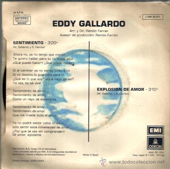 Discos de vinilo: SINGLE EDDY GALLARDO ( MIGUEL GALLARDO ) SENTIMIENTO - Foto 2