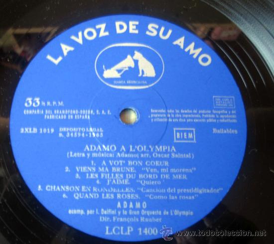 Discos de vinilo: ADAMO EN EL OLYMPIA - LA VOZ DE SU AMO 1965 - Foto 3