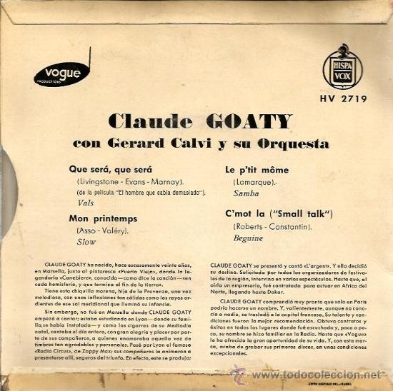Discos de vinilo: EP CLAUDE GOATY : QUE SERA , QUE SERA  +  3 - Foto 2