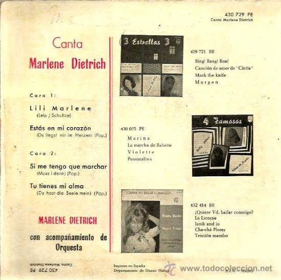 Discos de vinilo: EP CANTA MARLENE DIETRICH : LILI MARLENE - Foto 2