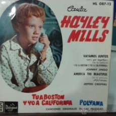 Discos de vinilo: HAYLEY MILLS LET'S GET TOGETHER / JOHNNY JINGO / AMERICA THE BEAUTIFUL / JEEPERS CREEPERS EP POLYANA. Lote 39662322