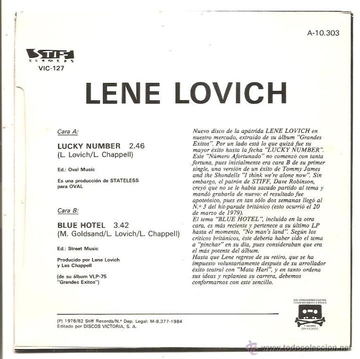 Discos de vinilo: SINGLE LENE LOVICH &ndash; LUCKY NUMBER/BLUE HOTEL - ESPA&Ntilde;A - Foto 2