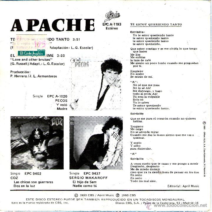 Discos de vinilo: APACHE   TE ESTOY QUERIENDO TANTO - Foto 2