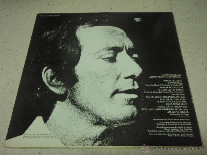 Discos de vinilo: ANDY WILLIAMS  ( ALONE AGAIN NATURALLY )  1972-HOLANDA  LP33  CBS - Foto 2
