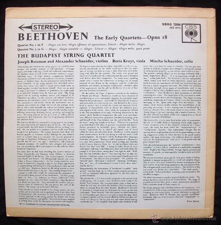 Discos de vinilo: CBS Stereo - Beethoven - Cuartetos para cuerdas No.1 & 2 - Budapest String Quartet - EX - Foto 2