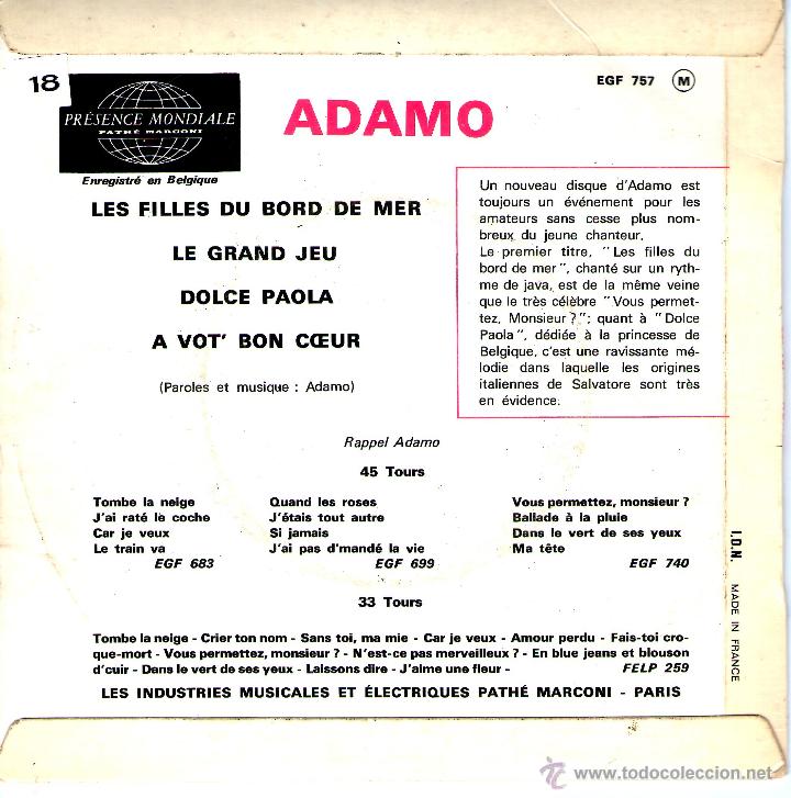 Discos de vinilo: ADAMO - LES FILLES DU BORD DE MER - Foto 2