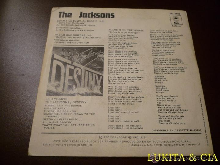 Discos de vinilo: THE JACKSONS - SINGLE ECHALE LA CULPA AL BOOGIE - EPIC 1979 - Foto 2