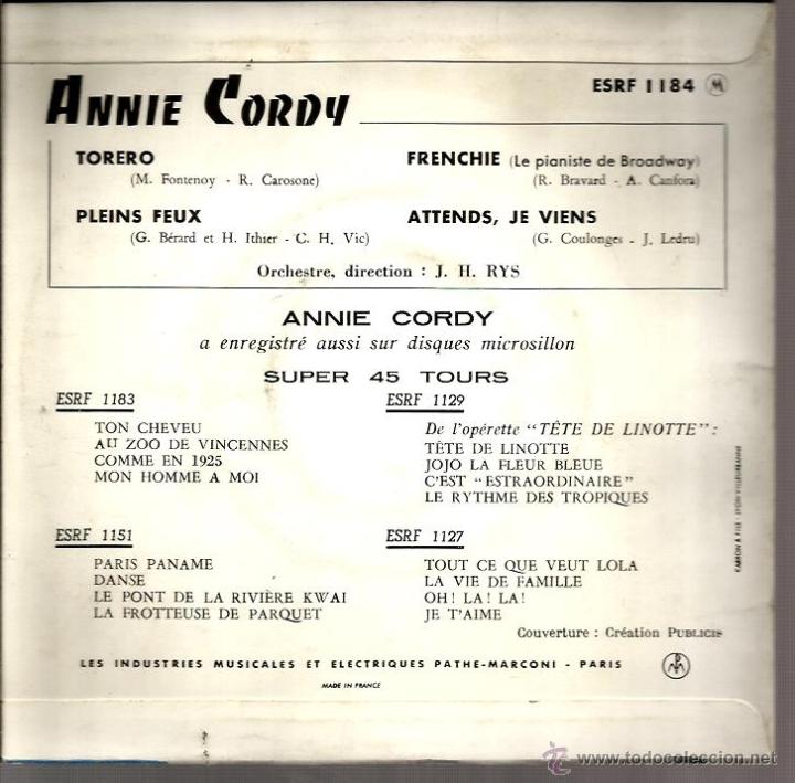 Discos de vinilo: EP ANNIE CORDY : TORERO + 3 - Foto 2