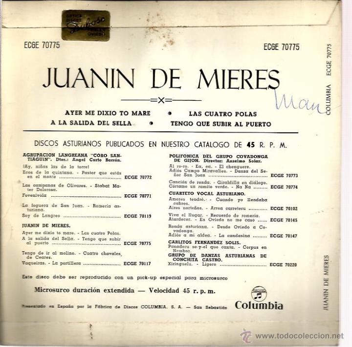 Discos de vinilo: EP JUANIN DE MIERES ( ASTURIAS FOLK ): AYER ME DIXIO TO MARE + 3 - Foto 2 - 40858612