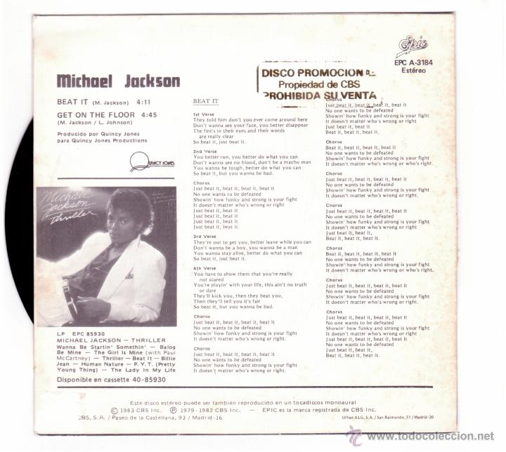 Discos de vinilo: Michael Jackson - Beat it (Promo Espa&ntilde;ol) - Foto 2