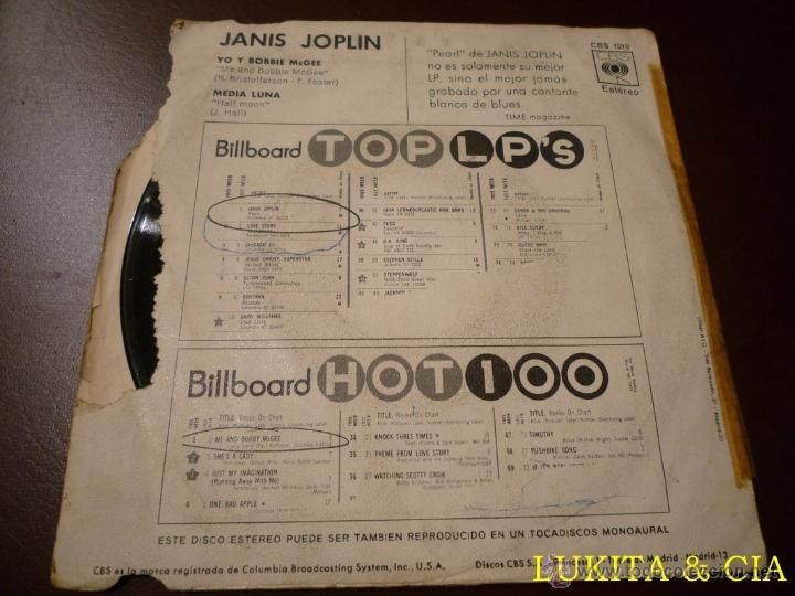 Discos de vinilo: JANIS JOPLIN - SINGLE YO Y BOBBIE McGEE - CBS 1971 - Foto 2