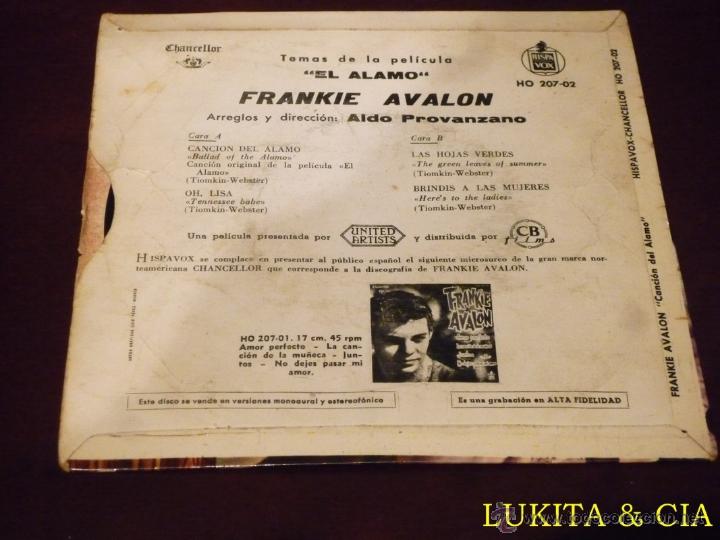 Discos de vinilo: FRANKIE AVALON - TEMAS DE LA PEL&Iacute;CULA EL ALAMO - 1961 - Foto 2