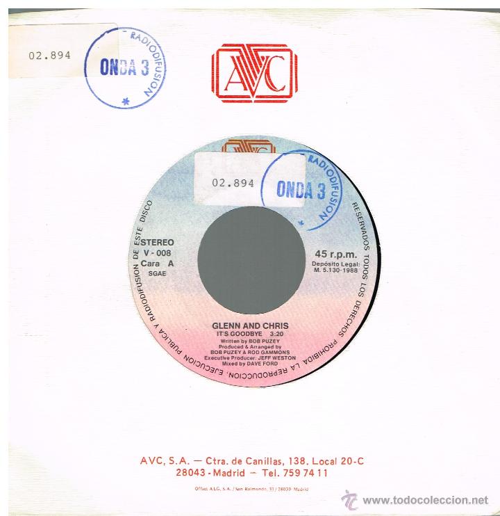 Discos de vinilo: Glenn and Chris - Its Goodbye (2 versiones) - Single 1988 - Foto 1