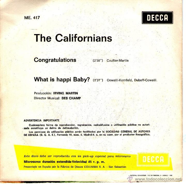 Discos de vinilo: THE CALIFORNIANS CONGRATULATIONS - Foto 2