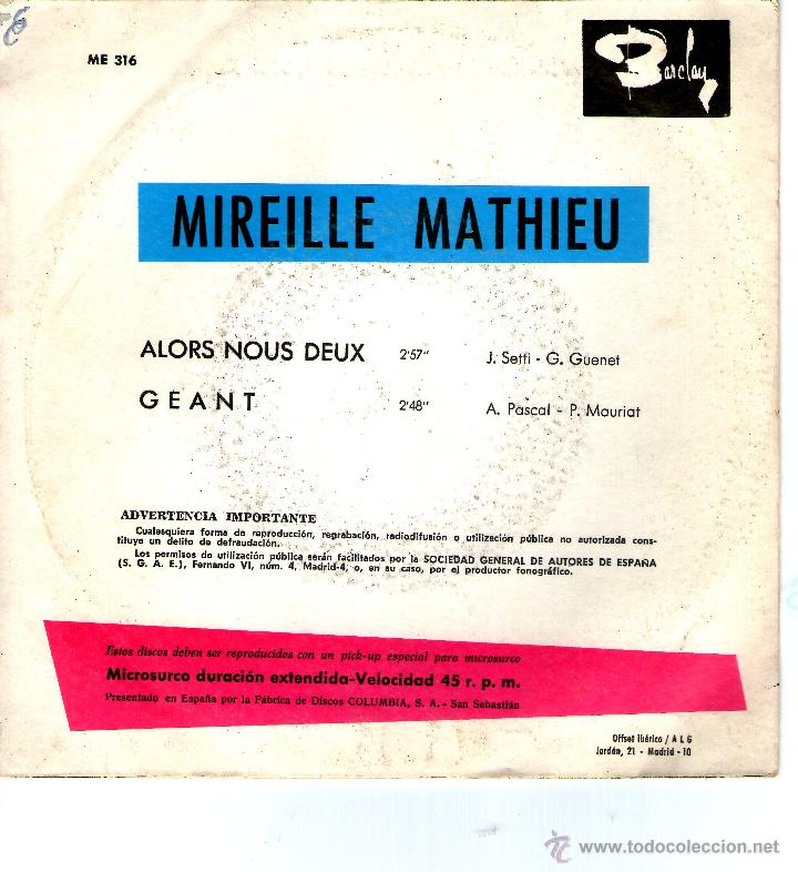 Discos de vinilo: MIREILLE MATHIEU ALORS NOUX DEUX  PROMO - Foto 3