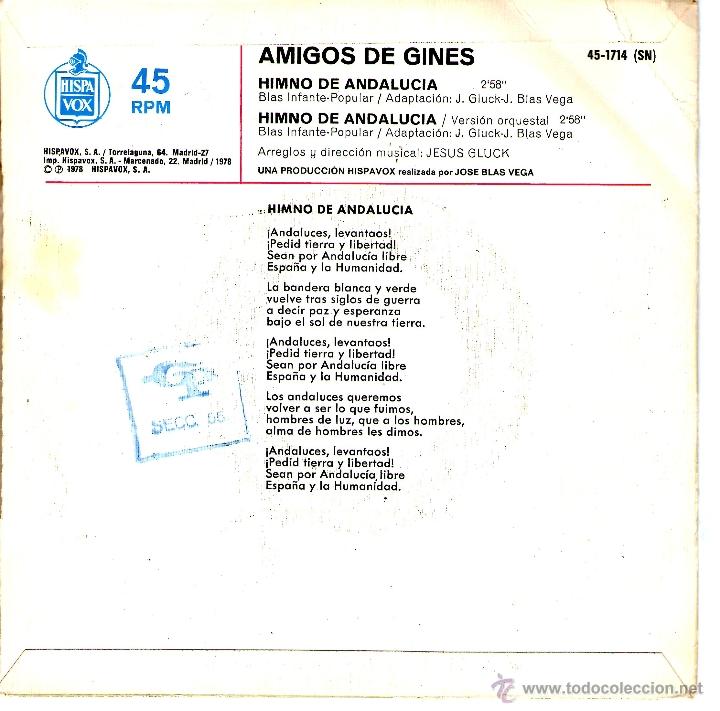 Discos de vinilo: AMIGOS DE GINES HIMNO DE ANDALUCIA - Foto 2