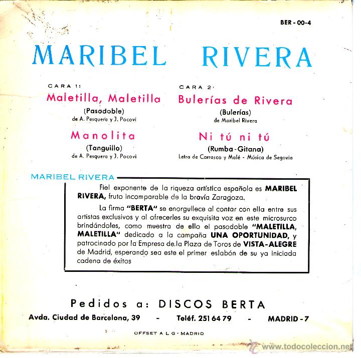 Discos de vinilo: MARIBEL RIVERA - MALETILLA, MALETILLA +3 - Foto 2