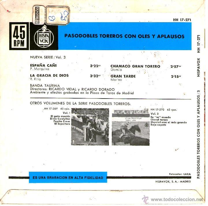 Discos de vinilo: PASODOBLES TOREROS CON OL&Eacute;S Y APLAUSOS - Foto 2