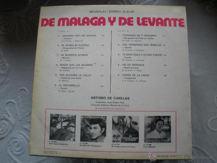 Discos de vinilo: ANTONIO DE CANILLAS. DE M&Aacute;LAGA Y DE LEVANTE - Foto 2