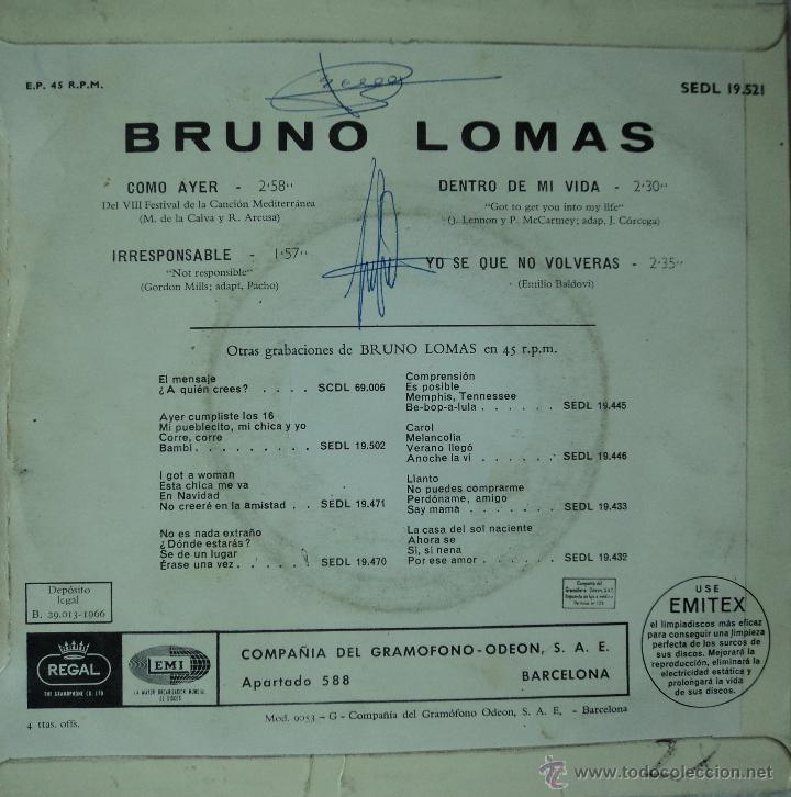 Discos de vinilo: Bruno Lomas - Como Ayer - Edici&oacute;n de 1966 de Espa&ntilde;a - Foto 2