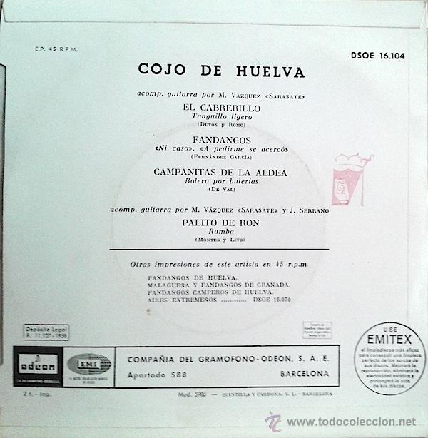 Discos de vinilo: Cojo De Huelva (Odeon) 1958 - Foto 2