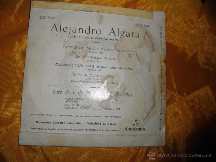 Discos de vinilo: ALEJANDRO ALGARA.  GOTAS DE AMOR + 3. EP. COLUMBIA 1960 - Foto 2