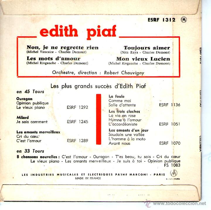 Discos de vinilo: EDITH PIAF NON, JE NE REGRETTE RIEN - Foto 2